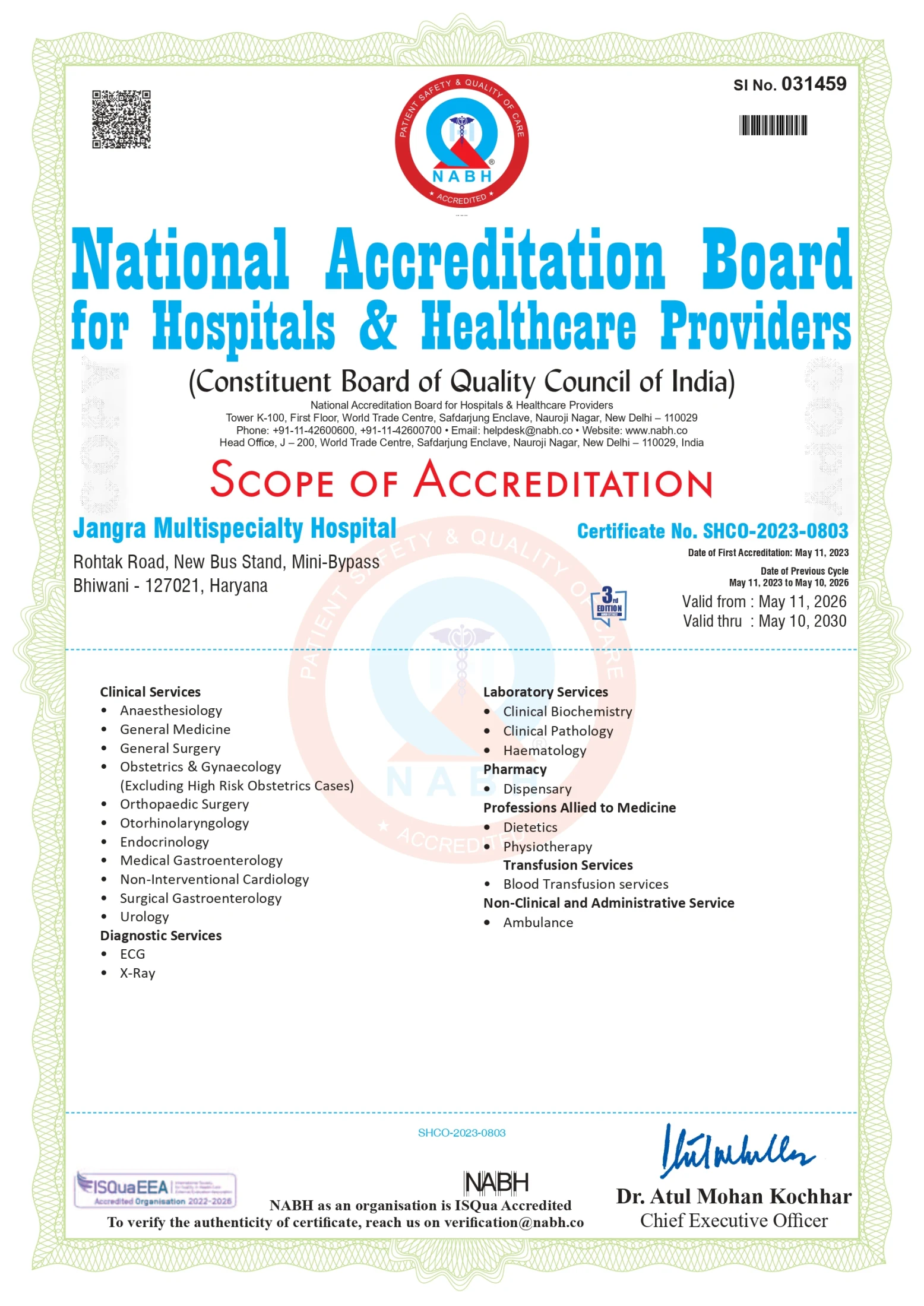 NABH Scope of Accreditation Certificate